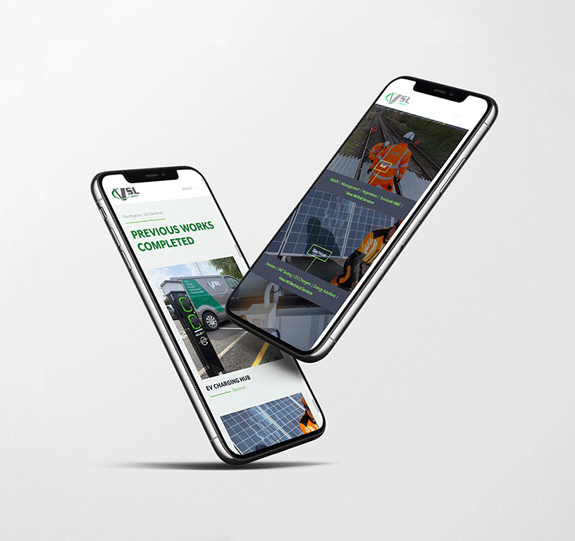 Angled smartphones with web design previews on white background.