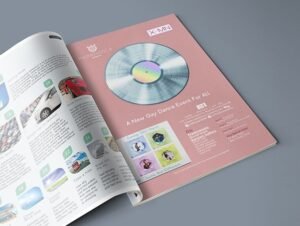Open magazine with promotional CD visuals and text.